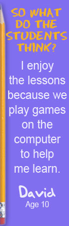 Beth yw barn y myfyrwyr? Dw i’n mwynhau’r gwersi oherwydd rydym yn chwarae gemau ar y cyfrifiadur i’n helpu i ddysgu. David, 10 oed